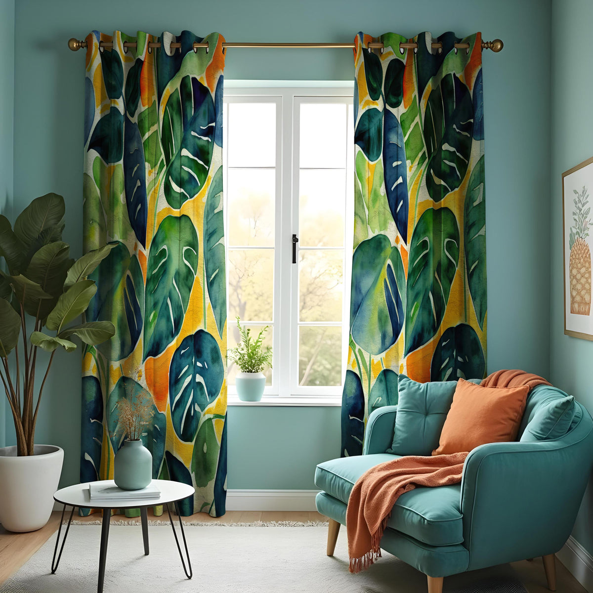 Green Monstera Leaf Curtains, Watercolor Tropical Drapes