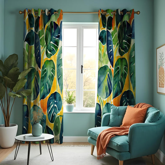 Green Monstera Leaf Curtains, Watercolor Tropical Drapes