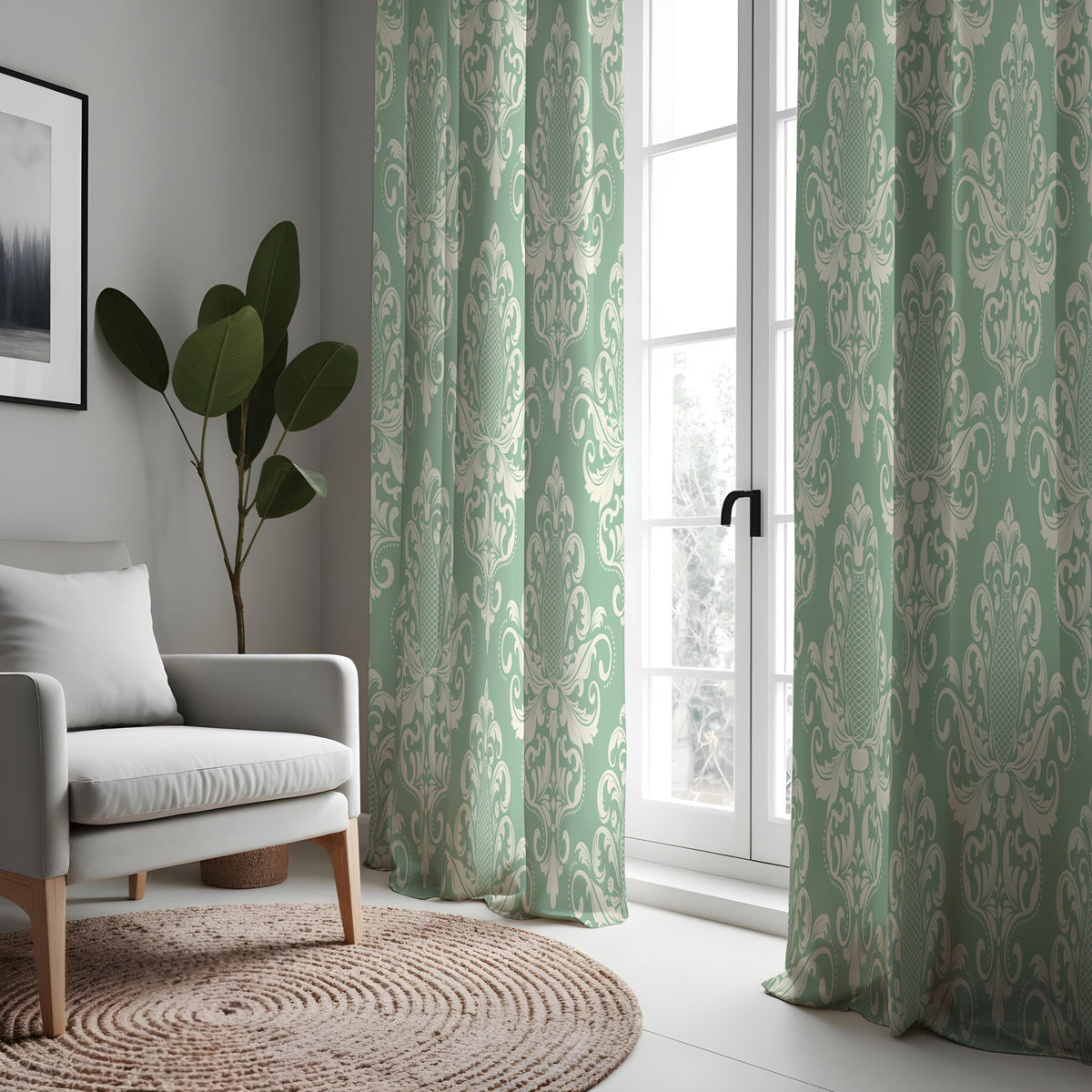 Green Damask Curtains, Traditional Ornate Custom Drapes