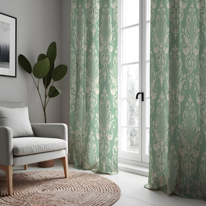 Green Damask Curtains, Traditional Ornate Custom Drapes