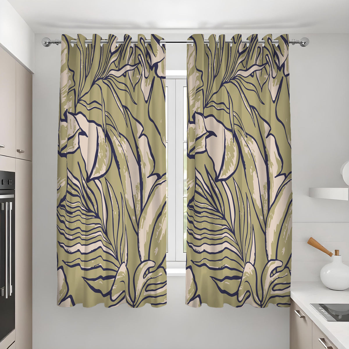 Large Leaf Line Art Curtains, Minimalist Botanical Drapes