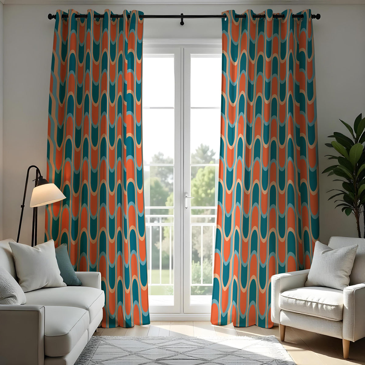Orange and Teal Retro Wave Curtains, 70s Geometric Drapes