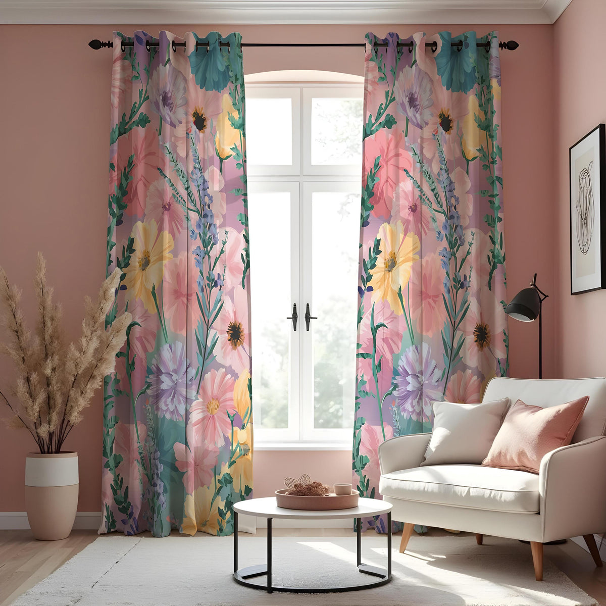 Pastel Pink & Yellow Wildflower Curtains, Watercolor Drapes