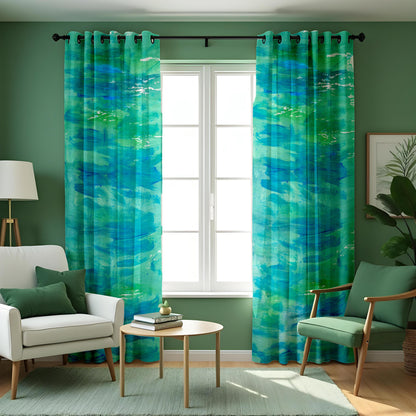 Aqua Blue Ocean Wave Curtains, Watercolor Coastal Drapes