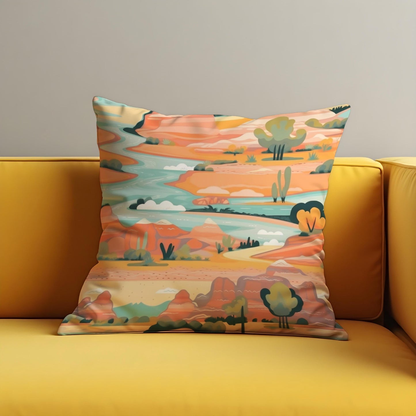 Desert Landscape Cushion Cover, Colorful Canyon River Pillow Case