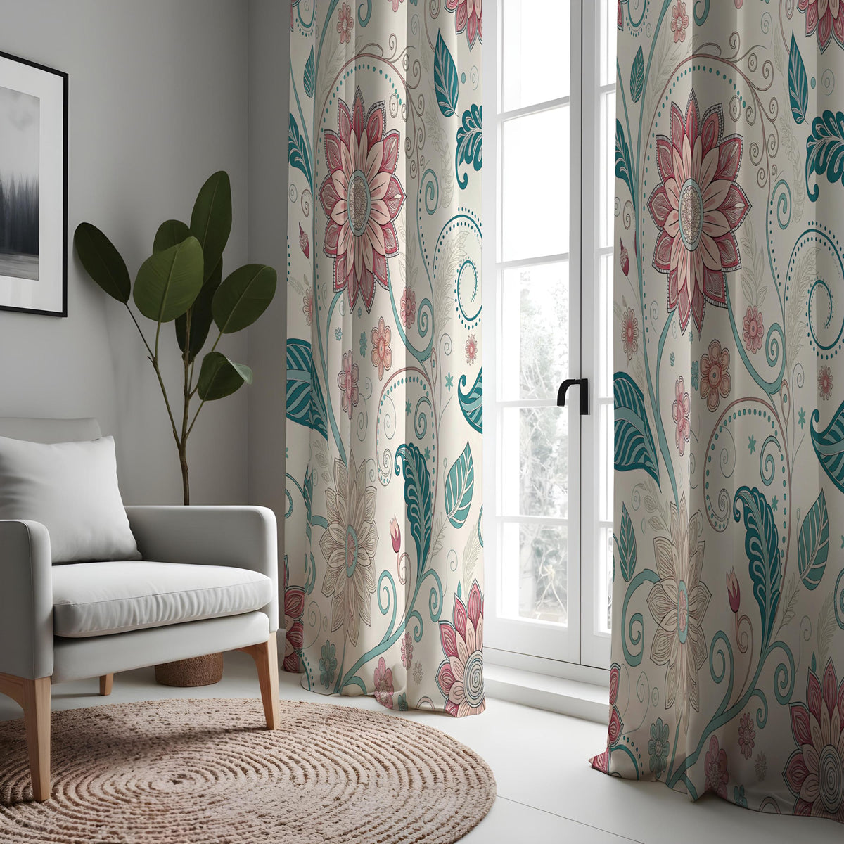 Teal & Pink Mandala Floral Curtains, Boho Window Drapes