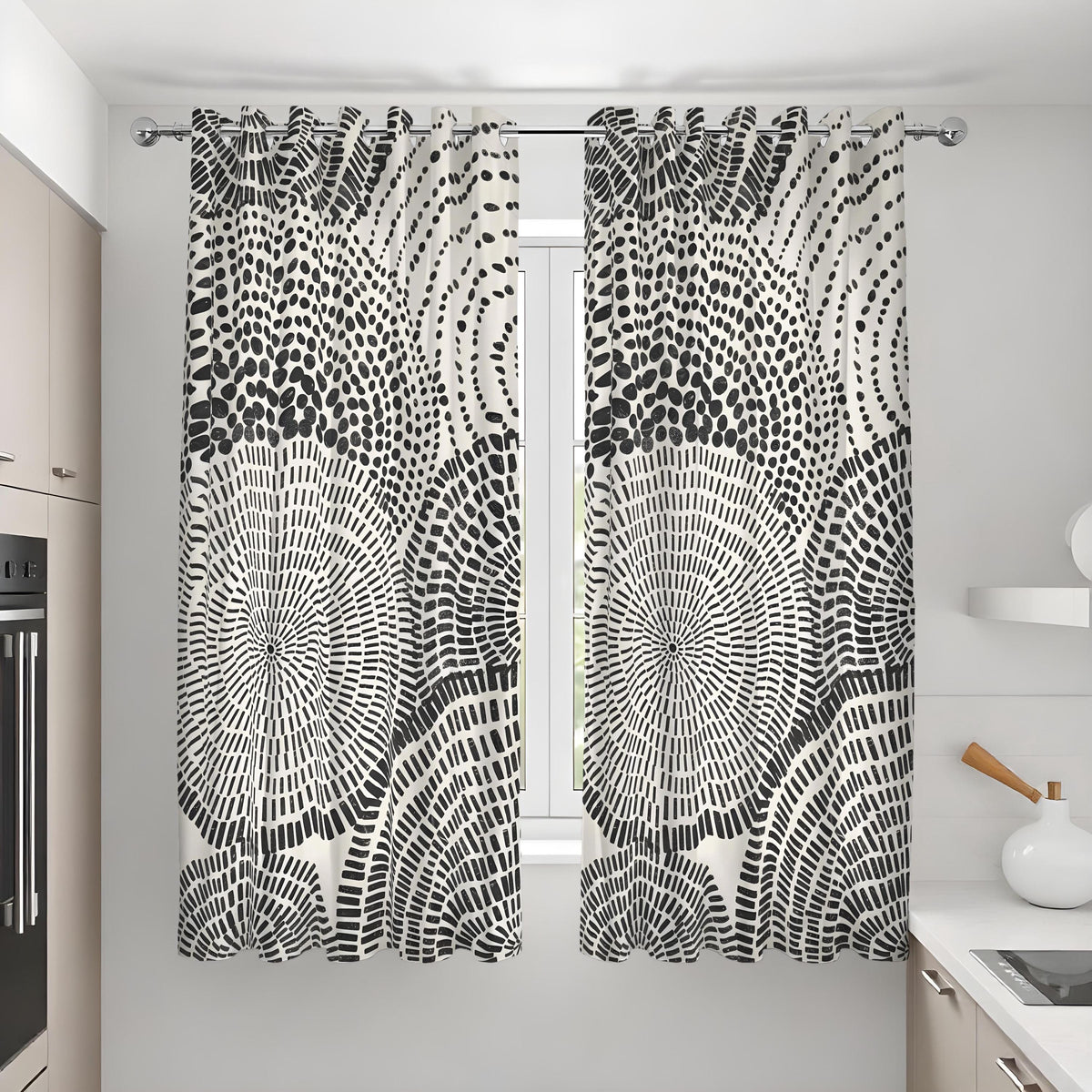 Black and White Circle Curtains, Monochrome Abstract Drapes