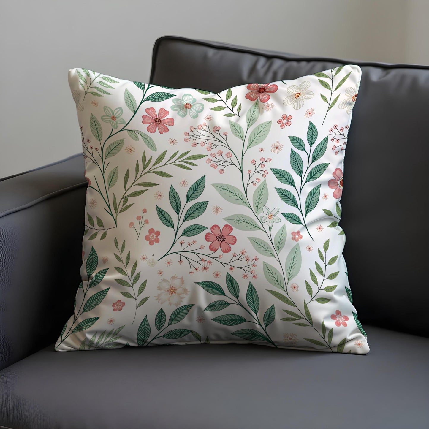Floral Cushion Cover, Delicate Green Leaves & Pink Flowers Pillow Case