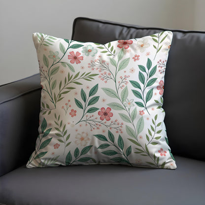 Floral Cushion Cover, Delicate Green Leaves & Pink Flowers Pillow Case