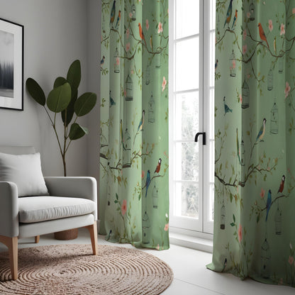Green Bird & Branch Curtains, Nature Botanical Drapes