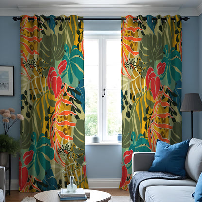 Red & Green Jungle Leaf Curtains, Tropical Window Drapes