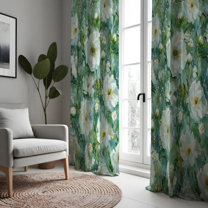 Teal Floral Curtains, Watercolor White Flower Drapes