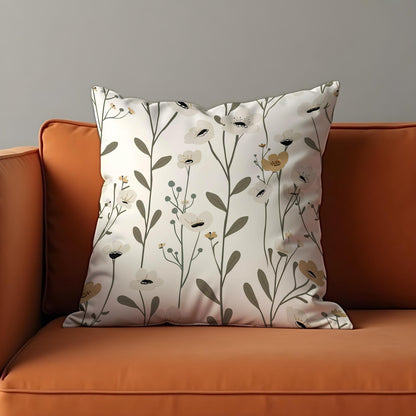 Minimalist Floral Cushion Cover, White & Beige Wildflower Pillow Case