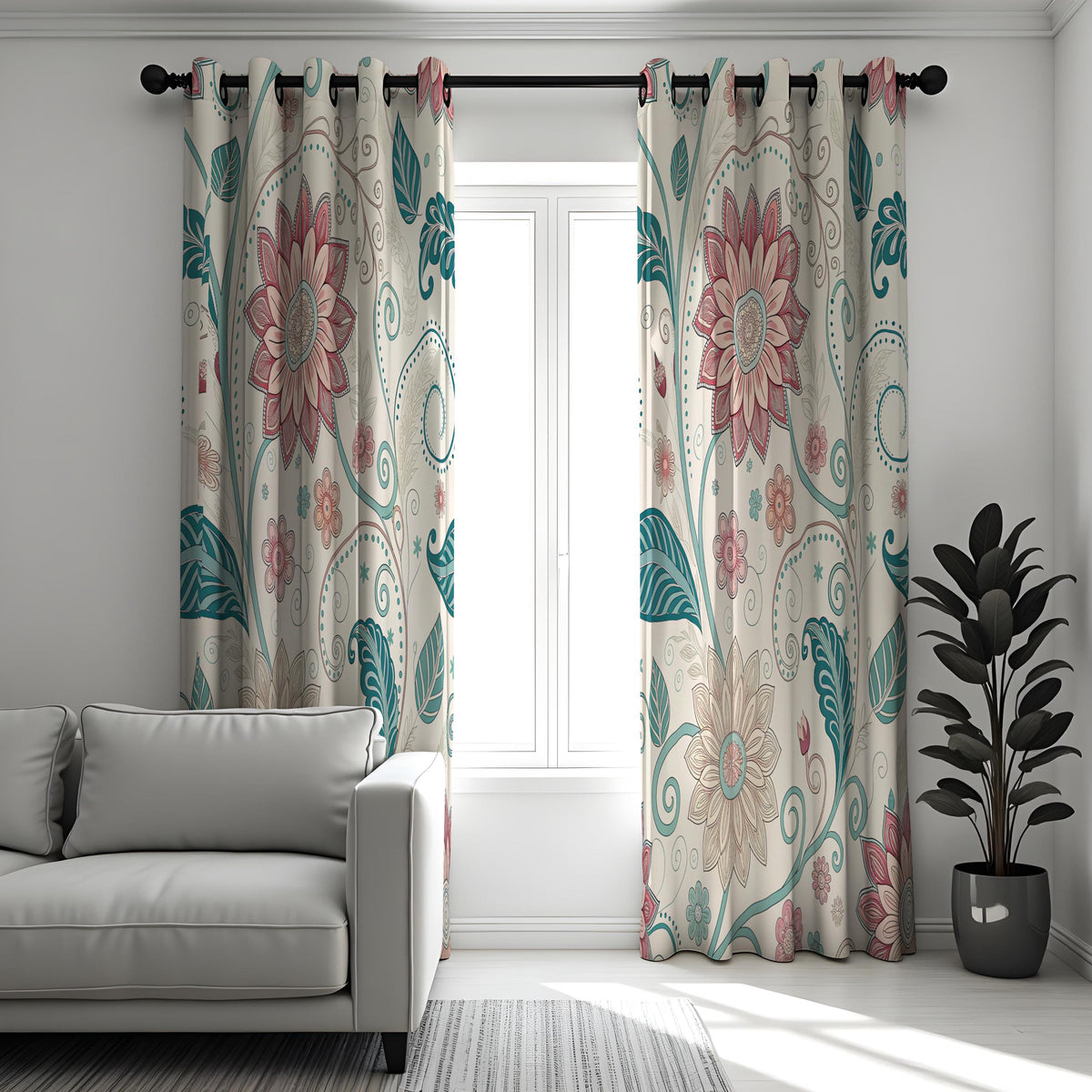 Teal & Pink Mandala Floral Curtains, Boho Window Drapes