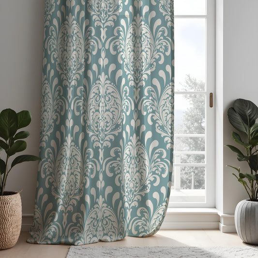 Teal Damask Curtains, Classic Pattern Custom Size Drapes