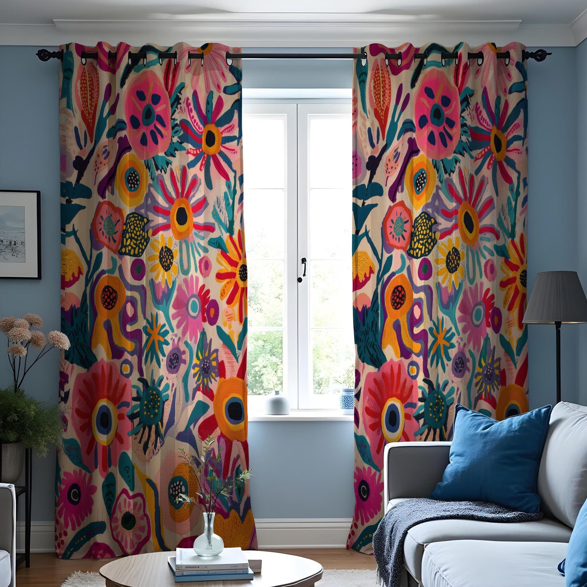 Vibrant Boho Floral Curtains, Folk Art Flower Drapes
