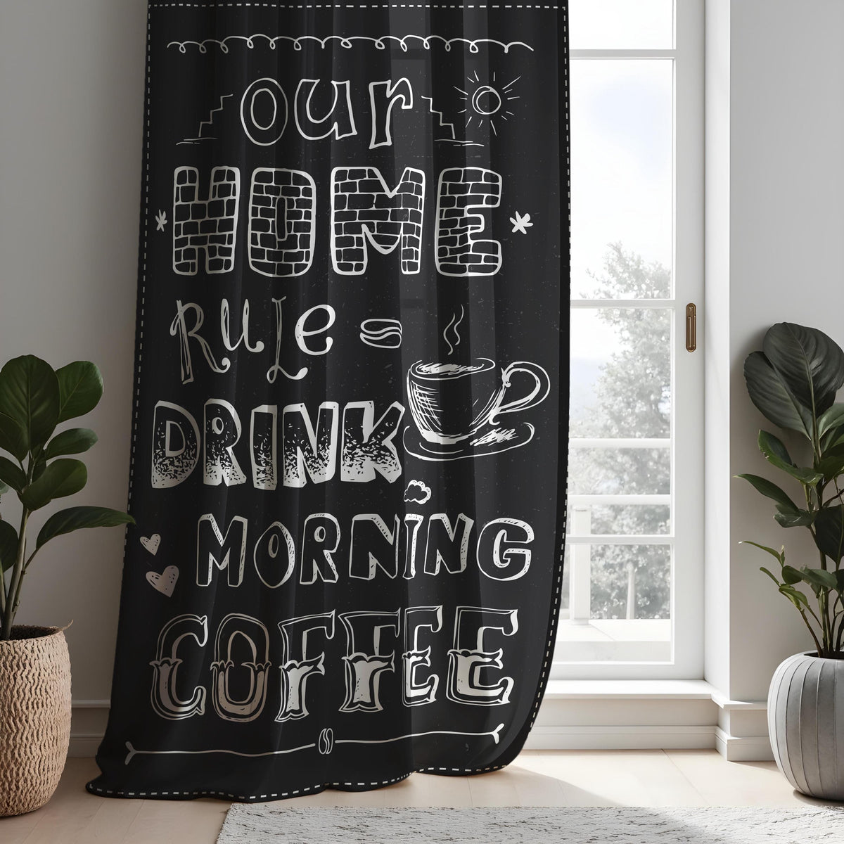 Black Coffee Kitchen Curtains, Funny Quote Cafe Drapes