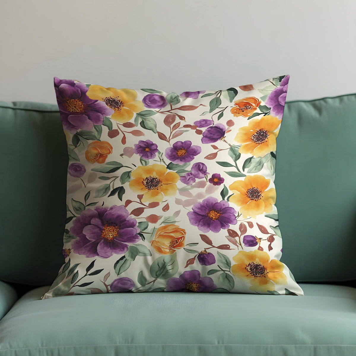 Purple Yellow Floral Cushion Cover, Watercolor Throw Pillow Case