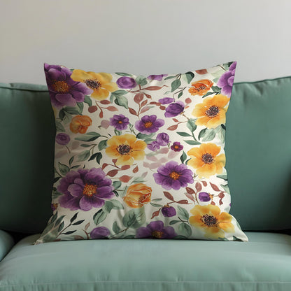 Purple Yellow Floral Cushion Cover, Watercolor Throw Pillow Case