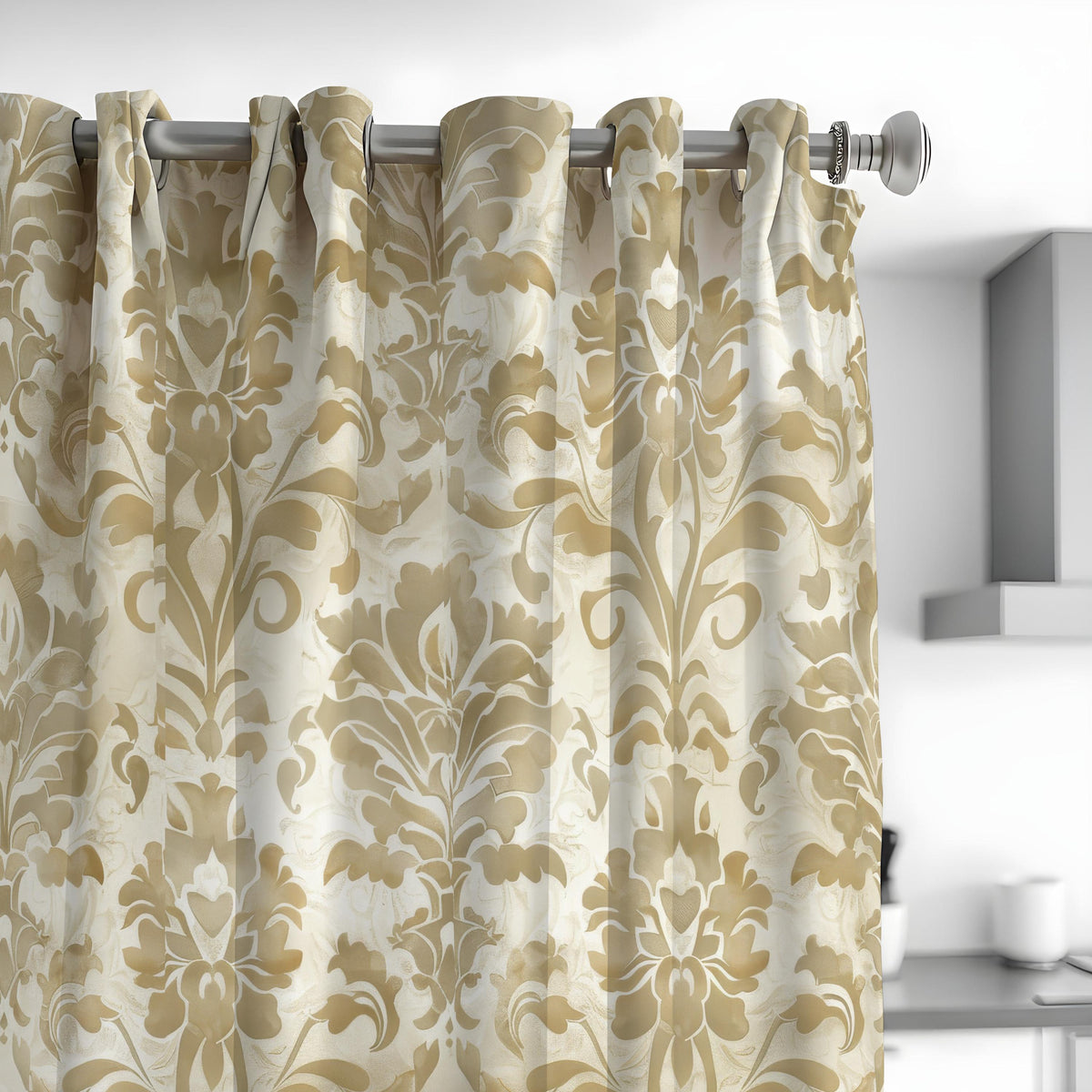 Beige & Yellow Damask Curtains, Traditional Pattern Drapes