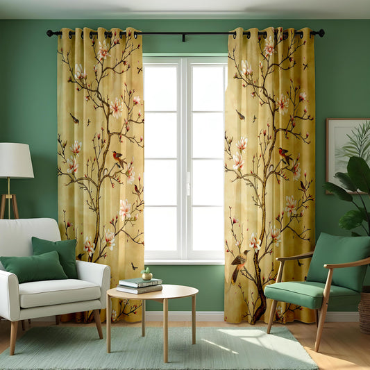 Gold Chinoiserie Curtains, Bird & Magnolia Floral Drapes
