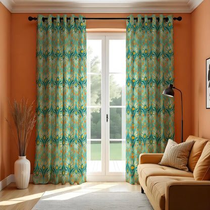 Teal & Orange Retro Leaf Curtains, Mid Century Drapes