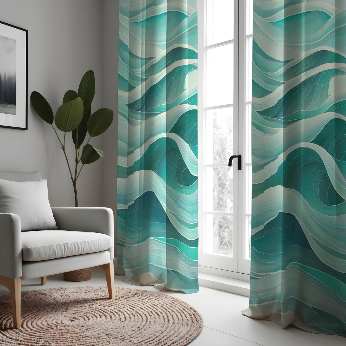 Teal Ocean Wave Curtains, Aqua Blue Coastal Abstract Drapes