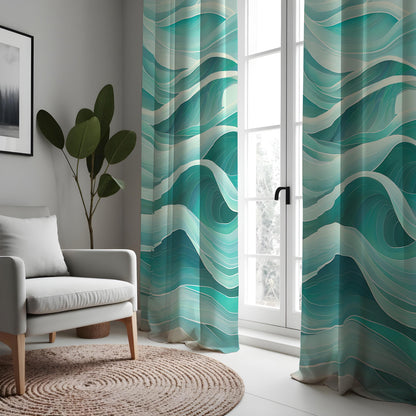 Teal Ocean Wave Curtains, Aqua Blue Coastal Abstract Drapes