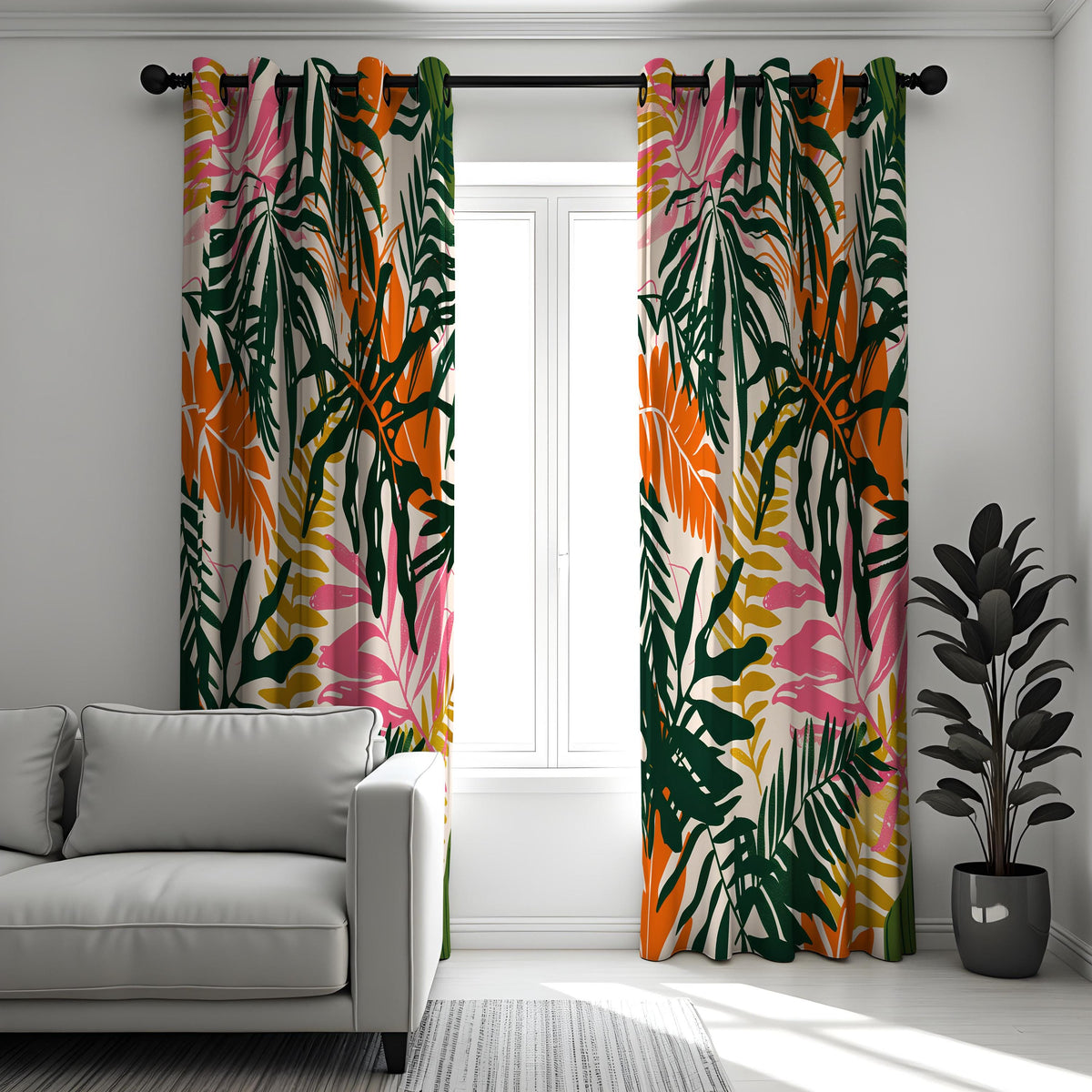 Green Tropical Leaf Curtains, Orange & Pink Botanical Drapes