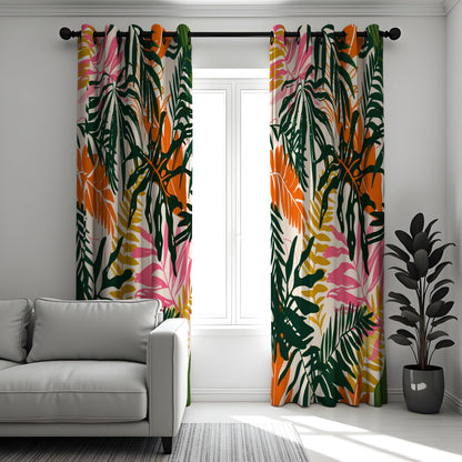Green Tropical Leaf Curtains, Orange & Pink Botanical Drapes