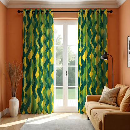 Yellow Green Geometric Curtains, Modern Abstract Drapes