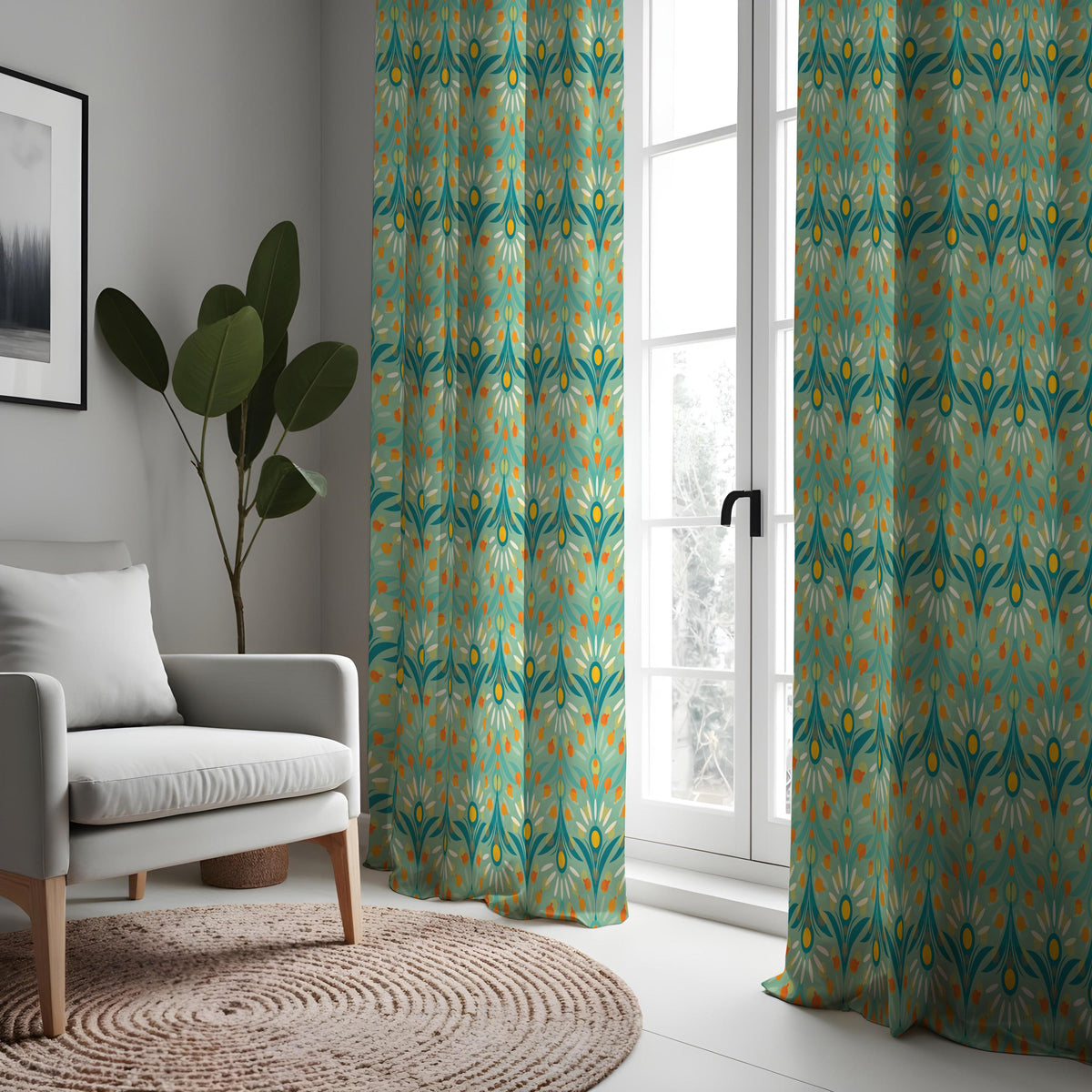 Teal & Orange Retro Leaf Curtains, Mid Century Drapes