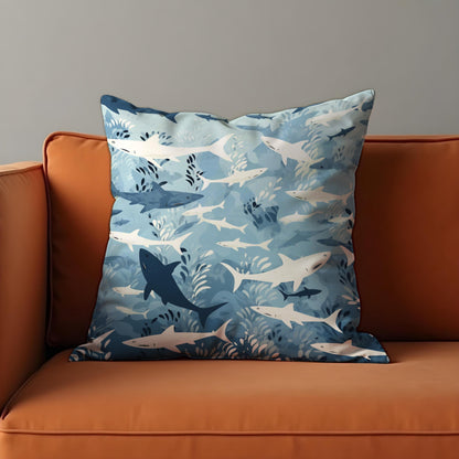 Ocean Shark Cushion Cover, Blue & White Underwater Throw Pillow Case