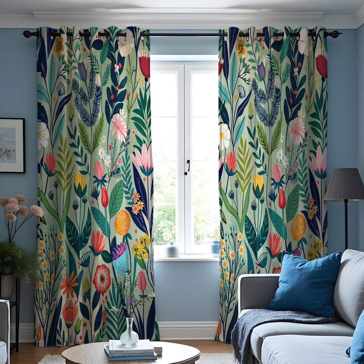 Vibrant Flower & Leaf Curtains, Colorful Botanical Drapes
