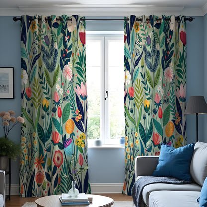 Vibrant Flower & Leaf Curtains, Colorful Botanical Drapes