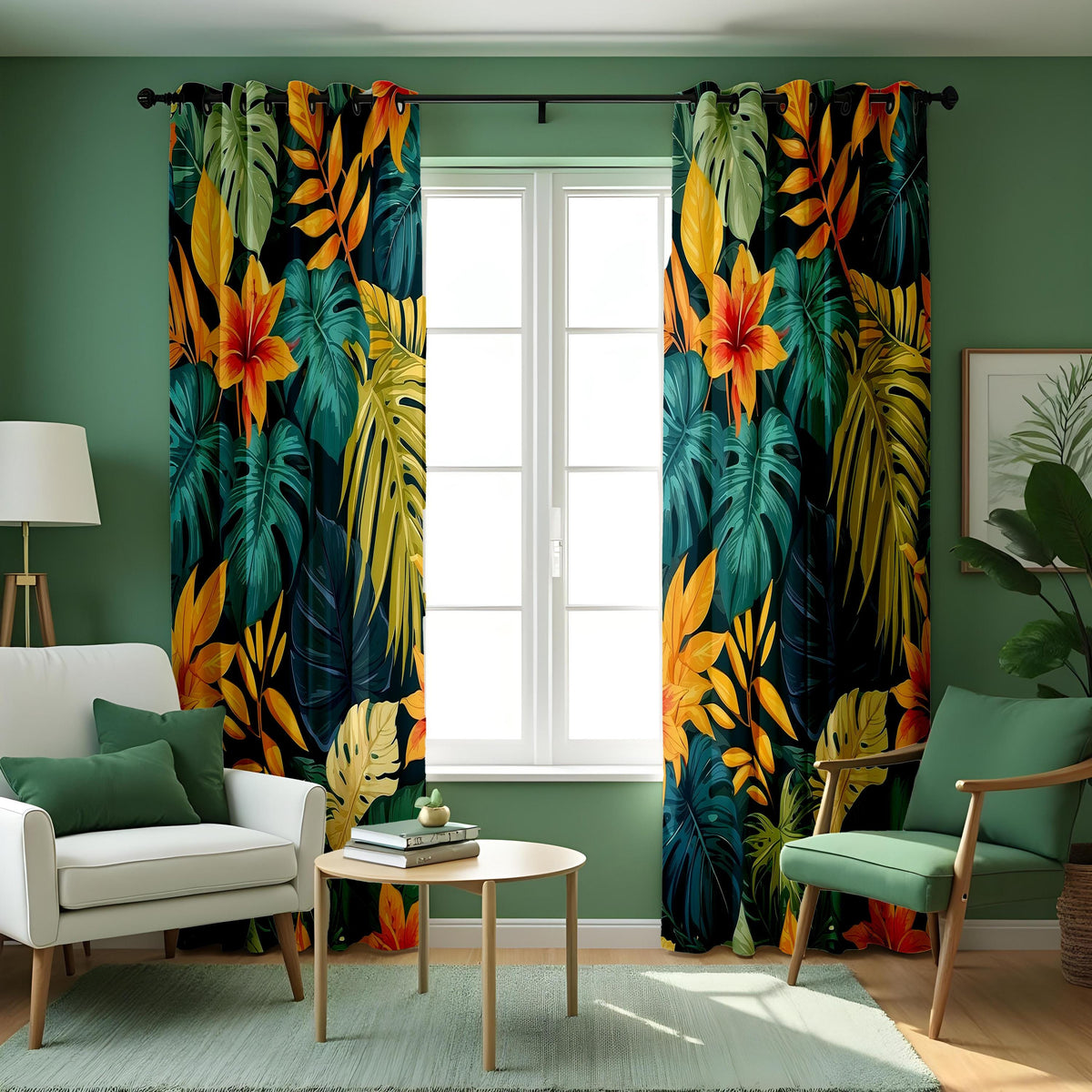 Dark Jungle Monstera Palm Curtains, Tropical Leaf Drapes