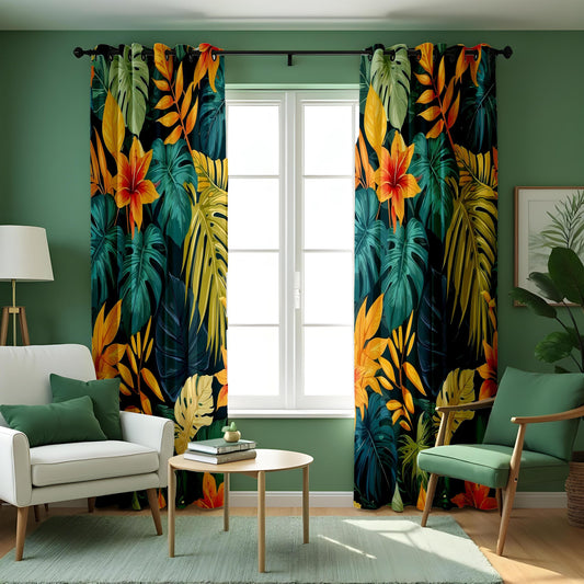 Dark Jungle Monstera Palm Curtains, Tropical Leaf Drapes