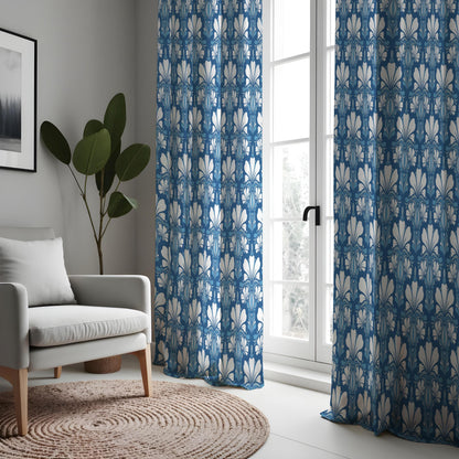 Blue Art Deco Curtains, Classic Geometric Window Drapes