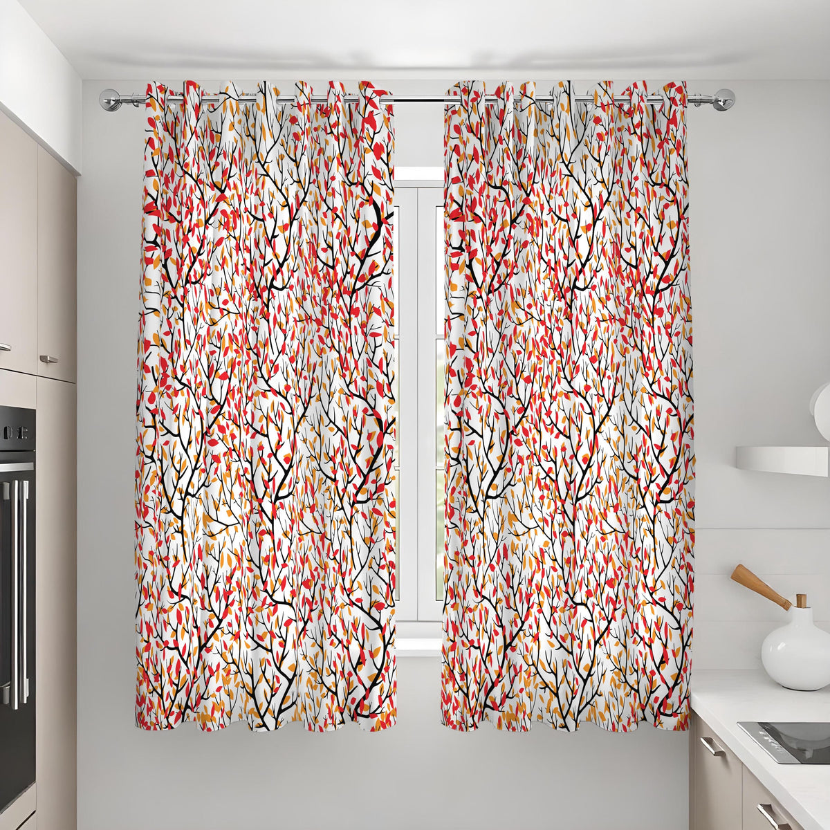 Red Orange Green Leaf Curtains, Colorful Botanical Drapes