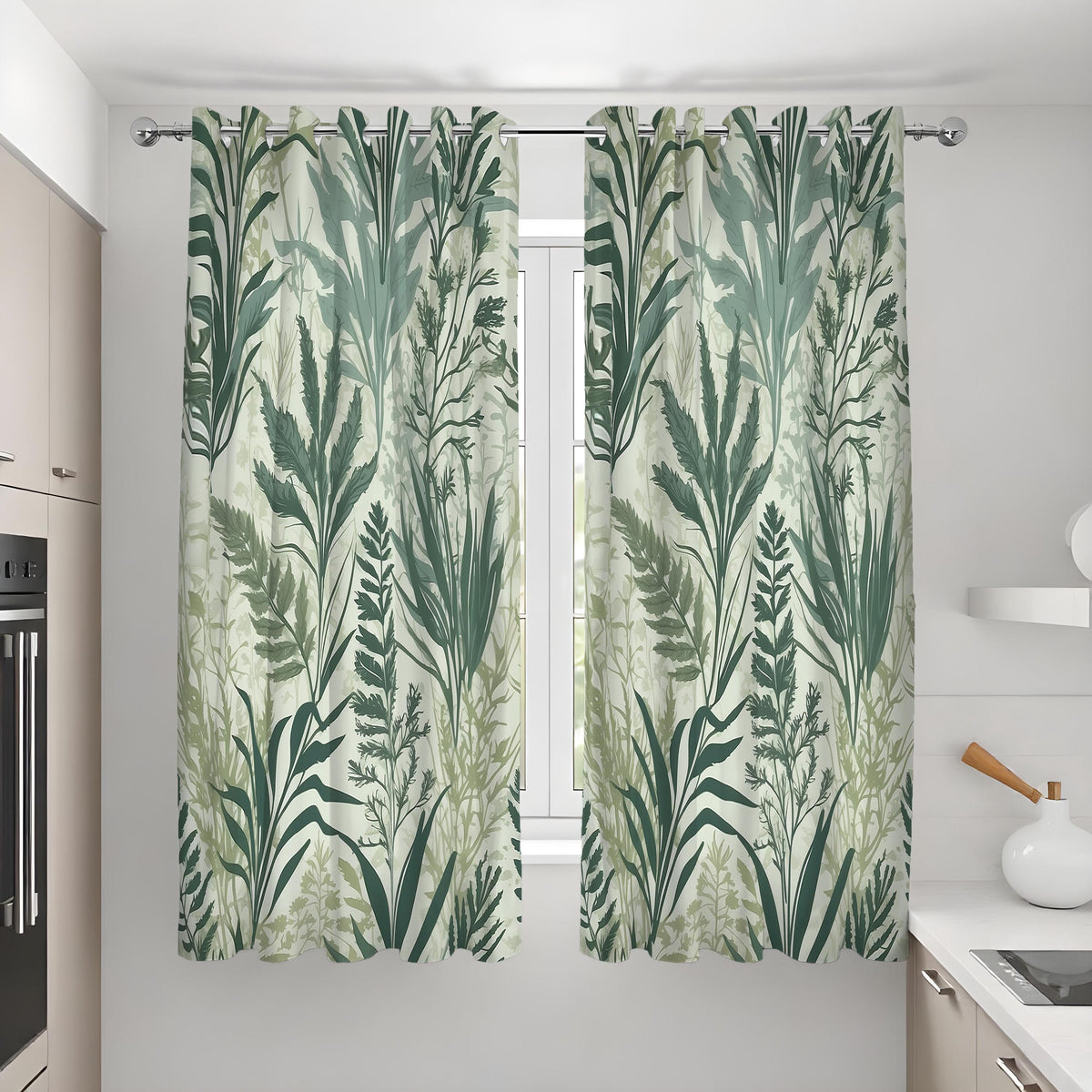 Green Tropical Leaf Curtains, Nature Botanical Print Drapes
