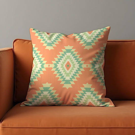 Southwestern Aztec Cushion Cover, Peach & Mint Tribal Throw Pillow Cover
