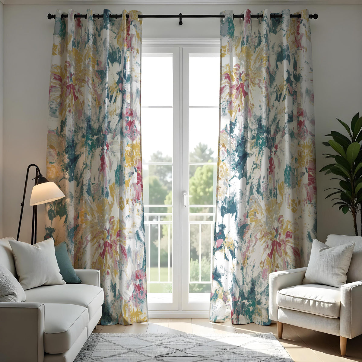 Blue Pink Yellow Watercolor Floral Curtains, Abstract Drapes