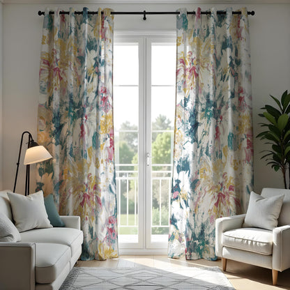 Blue Pink Yellow Watercolor Floral Curtains, Abstract Drapes