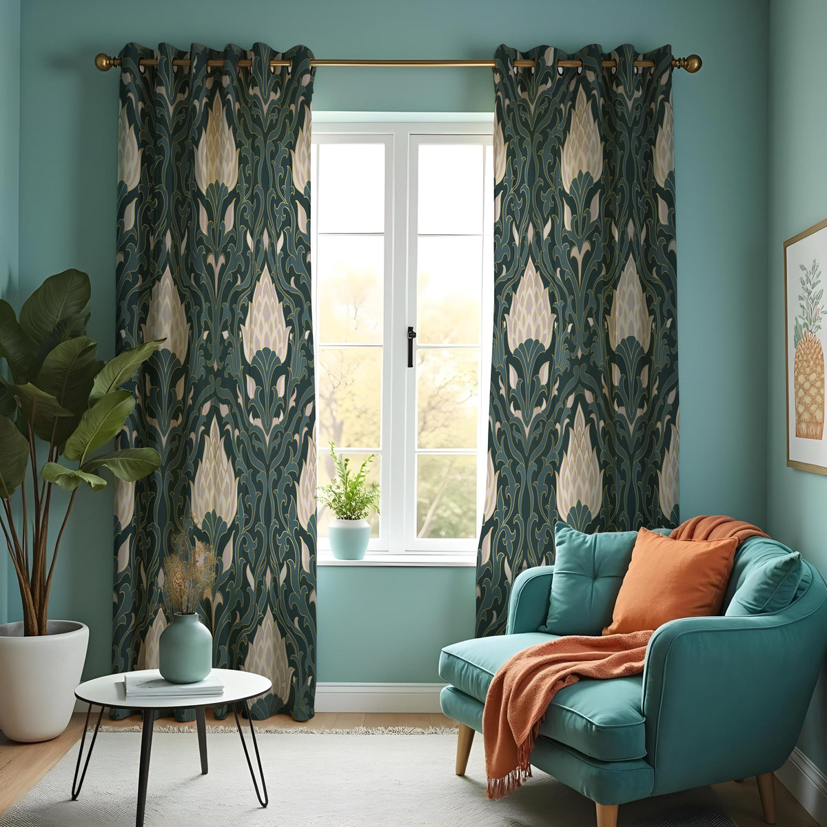 Dark Green Art Deco Curtains, Cream Floral Botanical Drapes