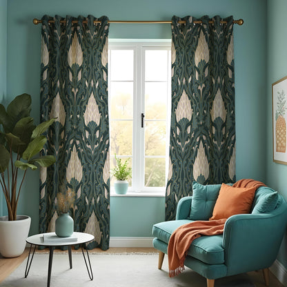 Dark Green Art Deco Curtains, Cream Floral Botanical Drapes