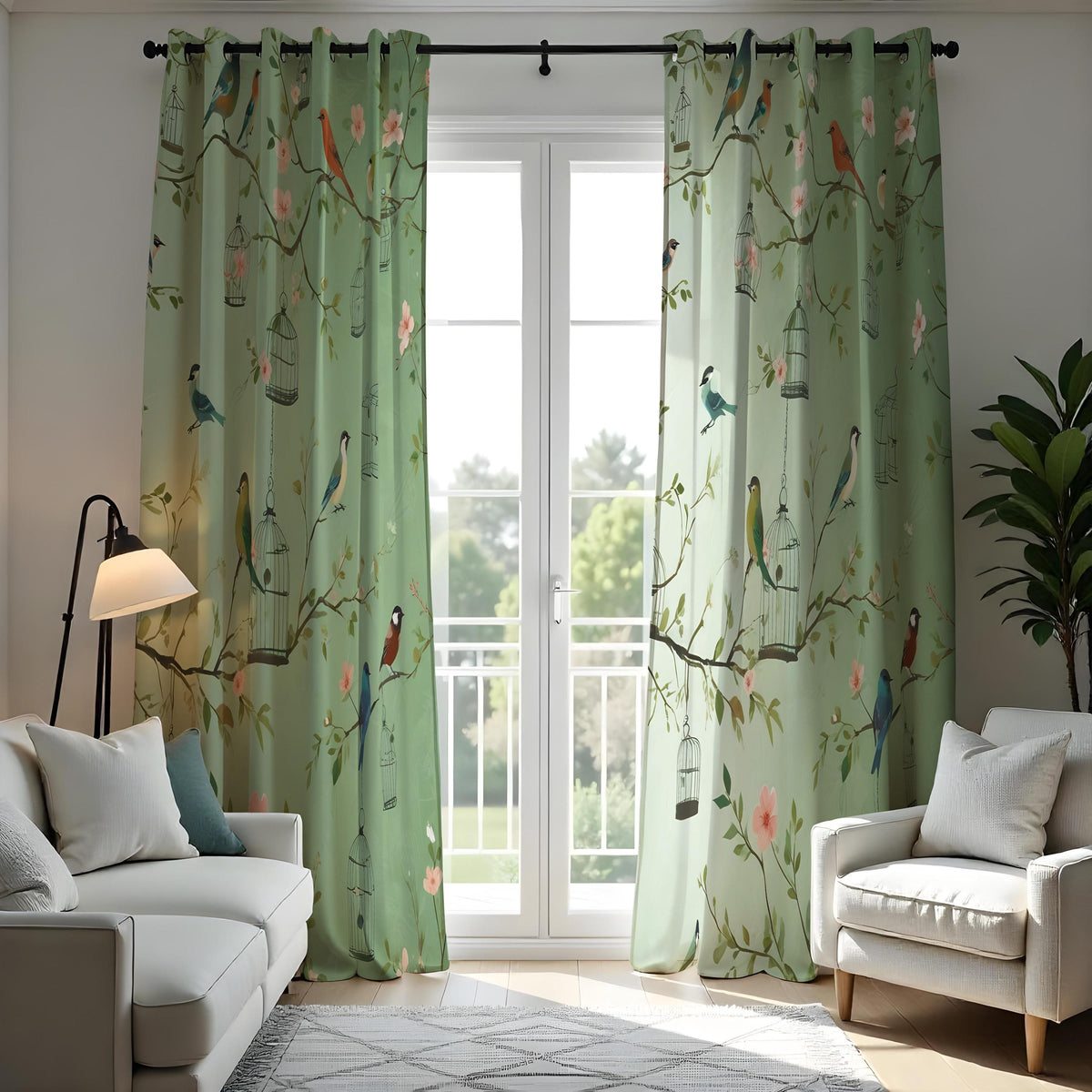 Green Bird & Branch Curtains, Nature Botanical Drapes
