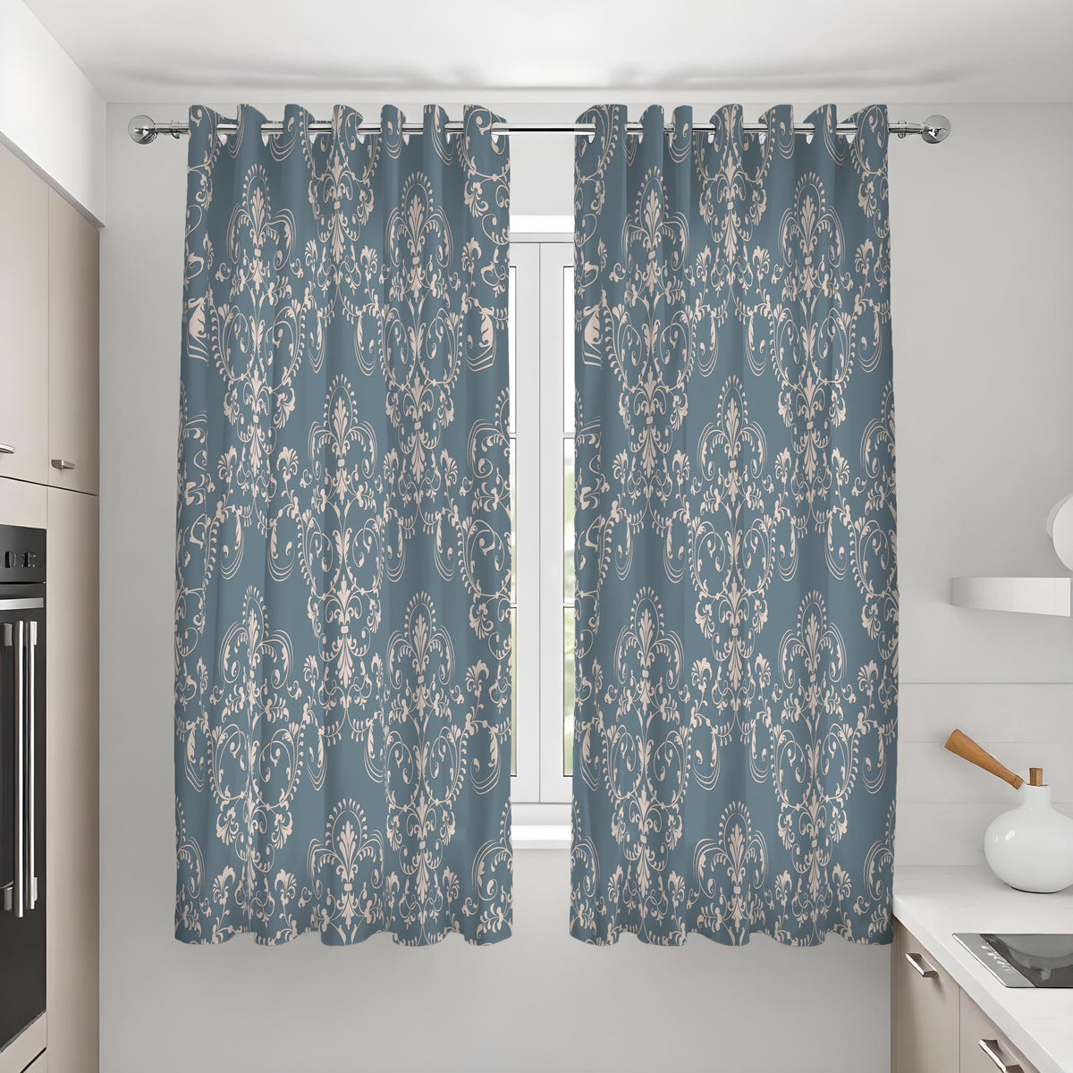 Blue Beige Damask Curtains, Farmhouse Custom Size Drapes