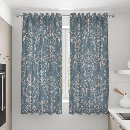 Blue Beige Damask Curtains, Farmhouse Custom Size Drapes