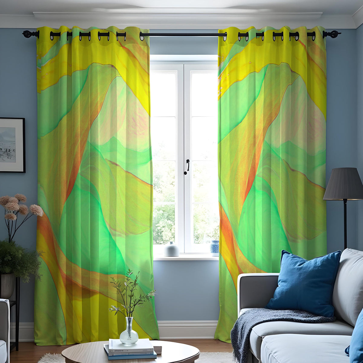 Green Yellow Fluid Wave Curtains, Abstract Window Drapes