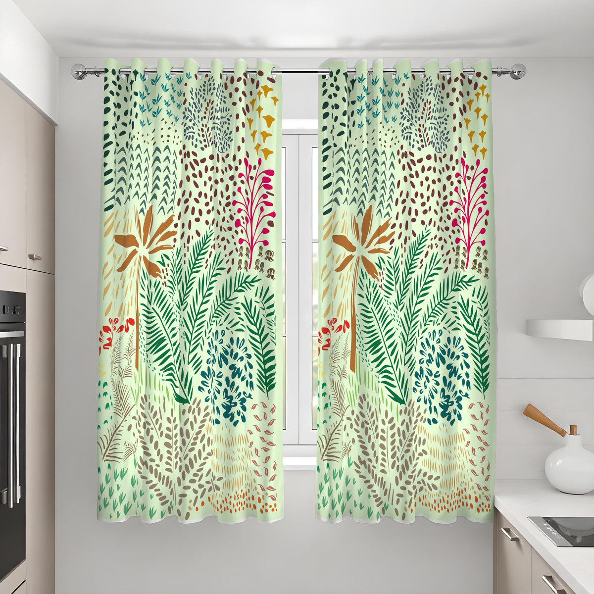 Green Tropical Palm Curtains, Botanical Leaf Print Drapes